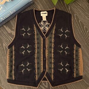 VTG Christopher & Banks Navy Hearts Embroidered Cardigan Sweater Vest Large